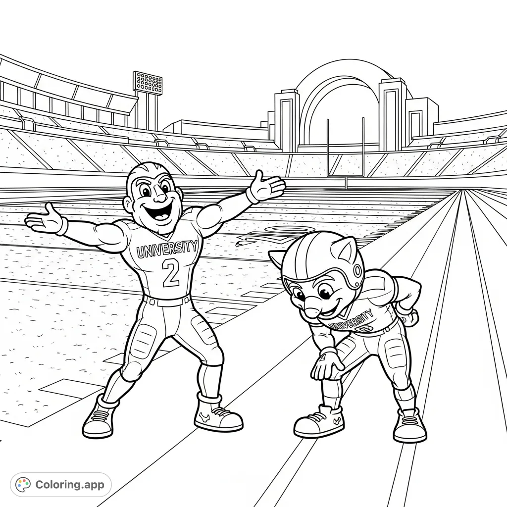 Capture the spirit of friendly competition with this university mascots coloring page, featuring two animated mascots on a vibrant stadium sideline.