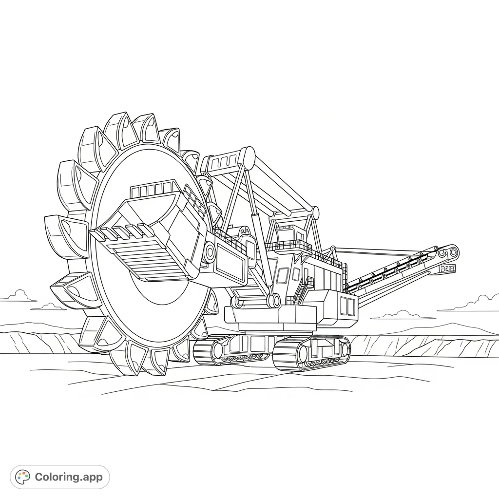 Color a colossal bucket-wheel excavator, featuring its immense rotating wheel and simplified conveyor, set against a vast, open industrial landscape.
