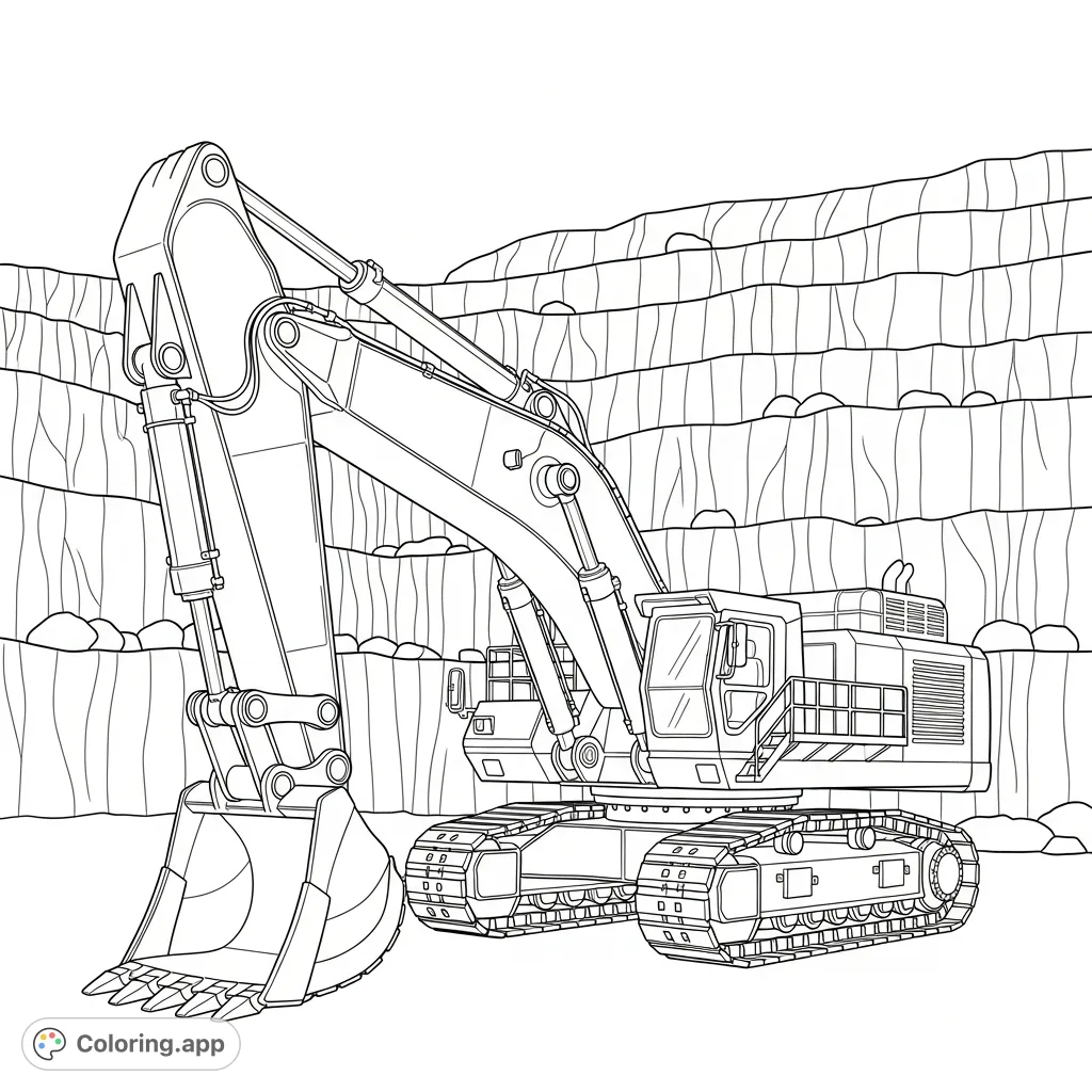 A detailed coloring page featuring a powerful hydraulic mining excavator with an extended boom and bucket, set against a simple quarry bench wall.