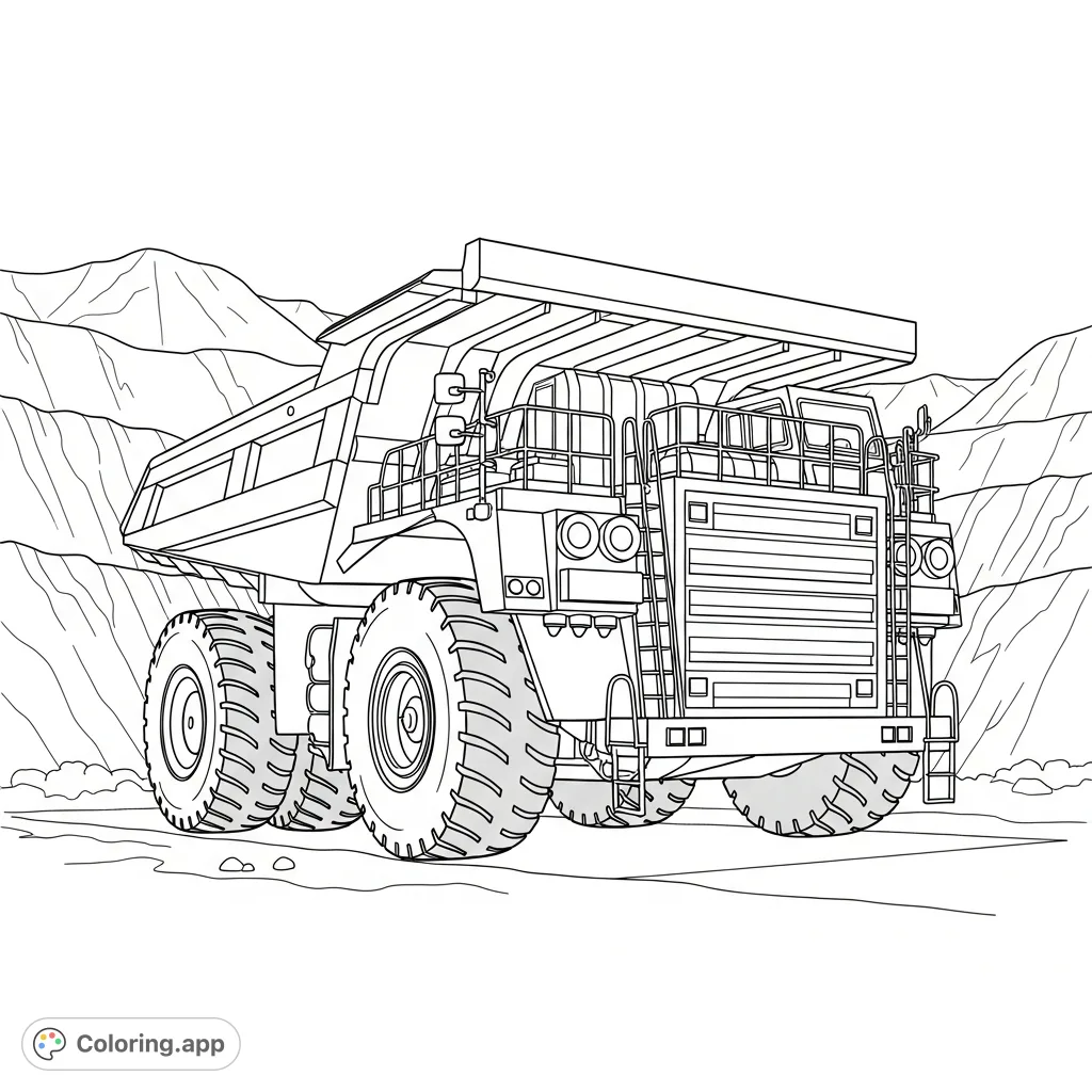 Color a colossal ultra-class mining haul truck with enormous tires and bold outlines, set against a simplified backdrop of excavated mine hills.