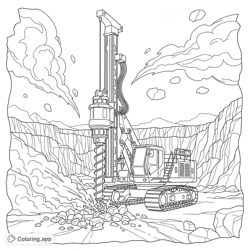 Color a powerful rotary drill crushing rocks, with simplified dust clouds. A dynamic scene of industrial might in a rugged quarry setting.