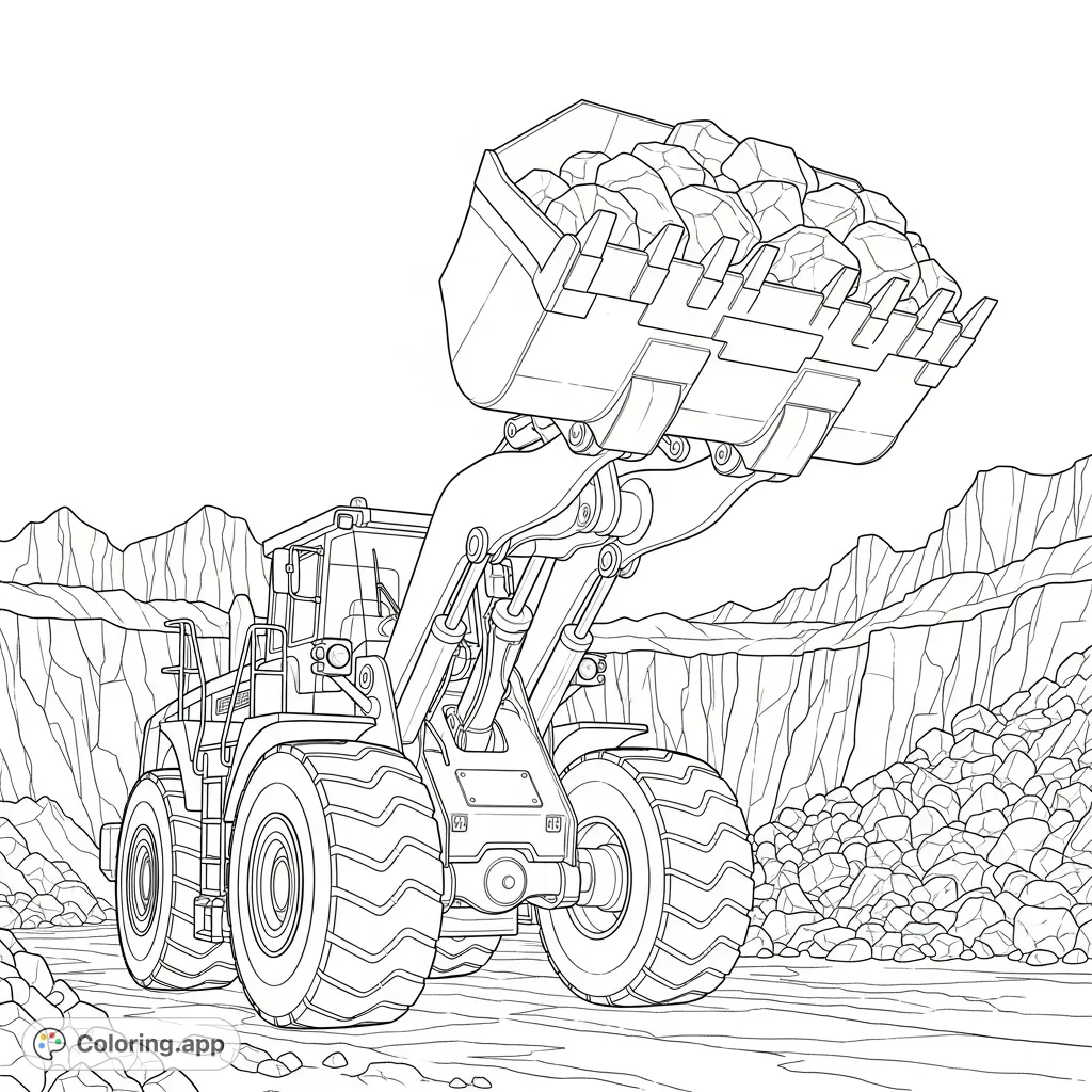 A powerful wheel loader lifts a bucket full of ore at a busy quarry. Detailed machinery and rugged landscape offer an engaging coloring experience.