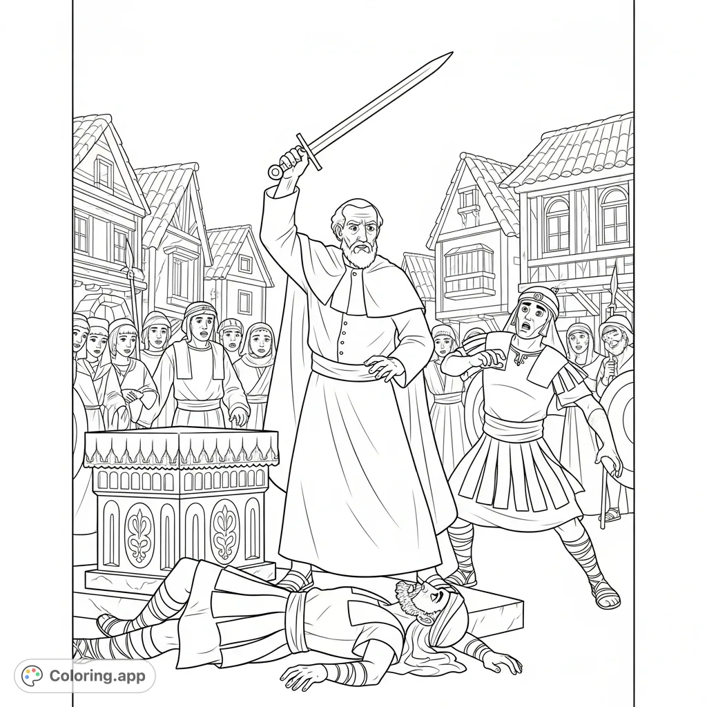 An elderly priest, Mattathias, stands defiantly with sword raised over a fallen figure at a pagan altar, as villagers watch a pivotal historical drama unfold.