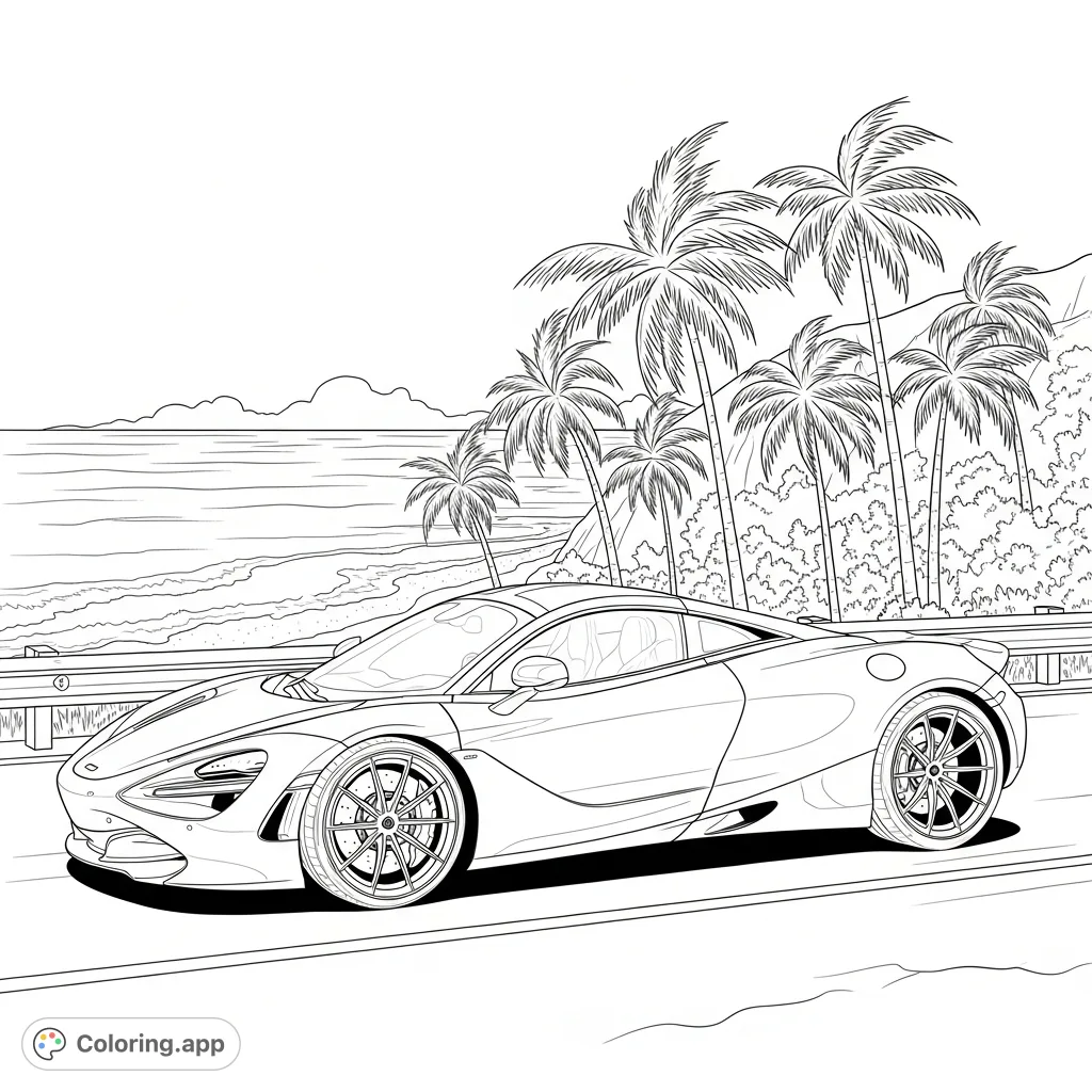 A sleek McLaren 720S glides along a winding coastal highway, flanked by swaying palm trees and the expansive ocean. Perfect for car enthusiasts to color.