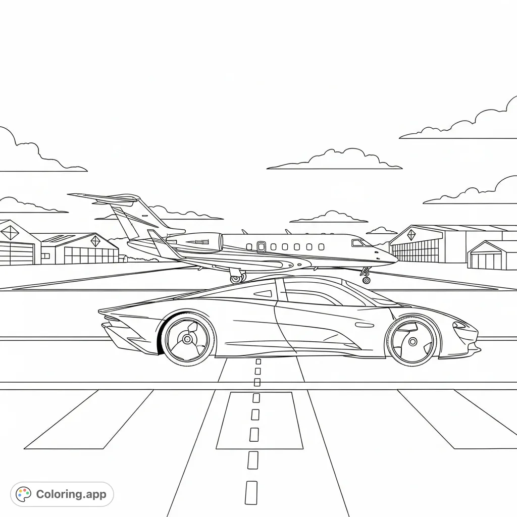 Experience luxury with this McLaren Speedtail and private jet coloring page. Perfect for vehicle enthusiasts to bring a high-performance scene to life.