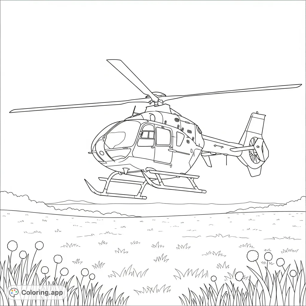 A detailed medical helicopter coloring page. Features a simplified emergency rotorcraft mid-landing in an open field, with sparse vegetation.