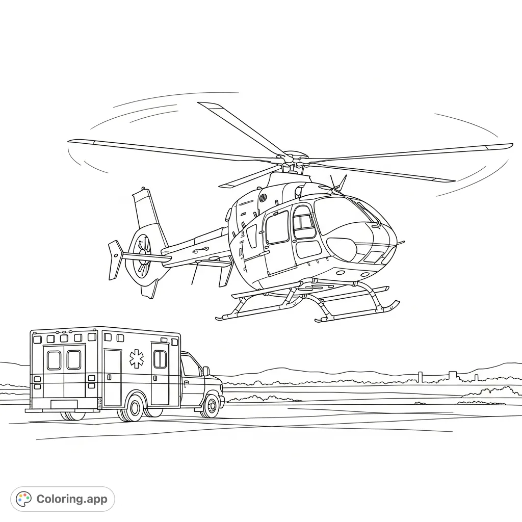 An exciting medical rescue scene featuring a helicopter-style vehicle landing near a waiting ambulance, ready for emergency operations. Perfect for transport enthusiasts.