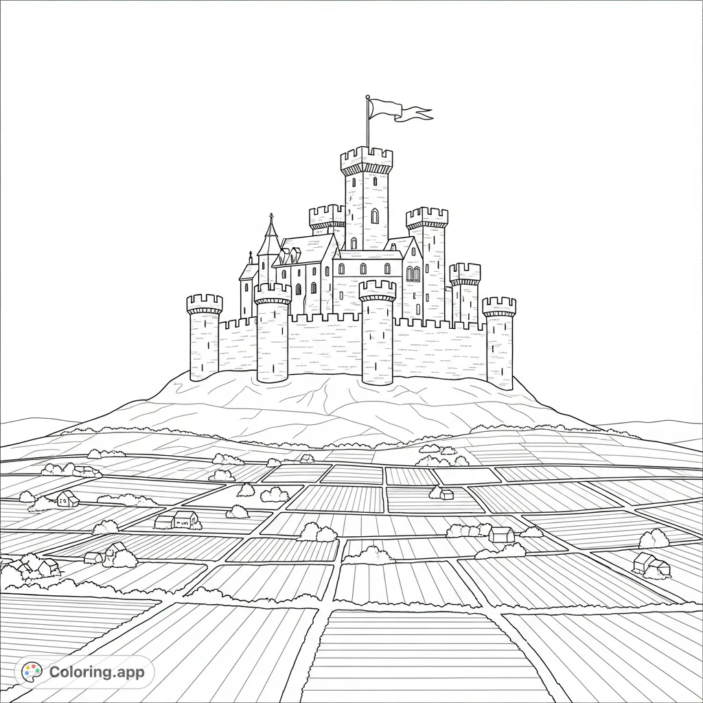 An imposing medieval stone castle with tall round towers and a flying flag, perched atop a hill overlooking simplified farmland. Perfect for historical adventure.