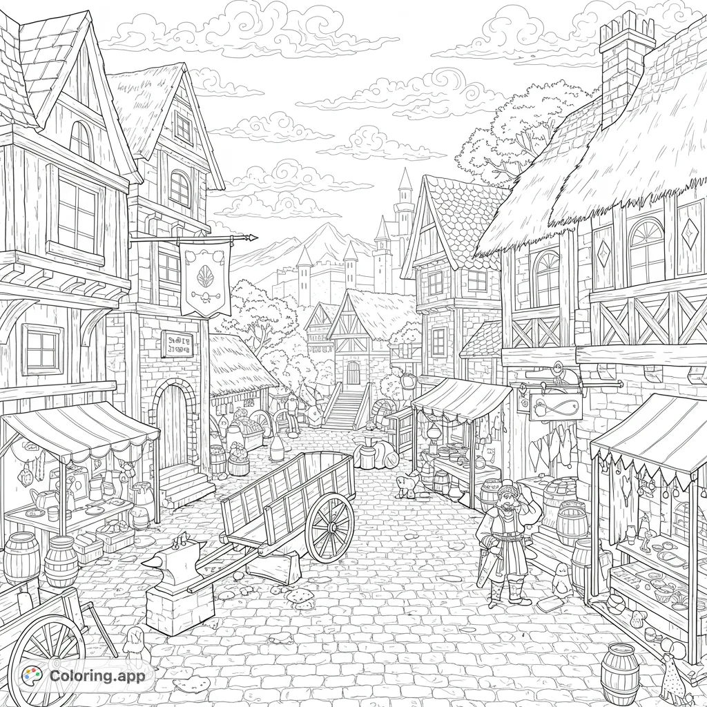 Explore a detailed medieval market street coloring page, featuring bustling stalls, timber-framed buildings, and a distant castle. A free printable coloring page for all ages.