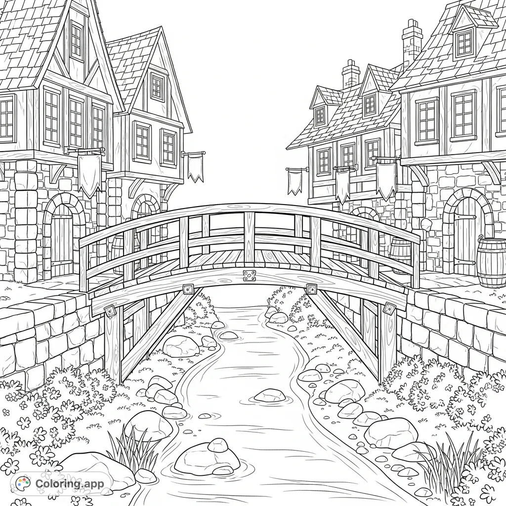 Step into a historical landscape with this detailed coloring page. A sturdy wooden bridge crosses a gentle river, flanked by charming medieval buildings.