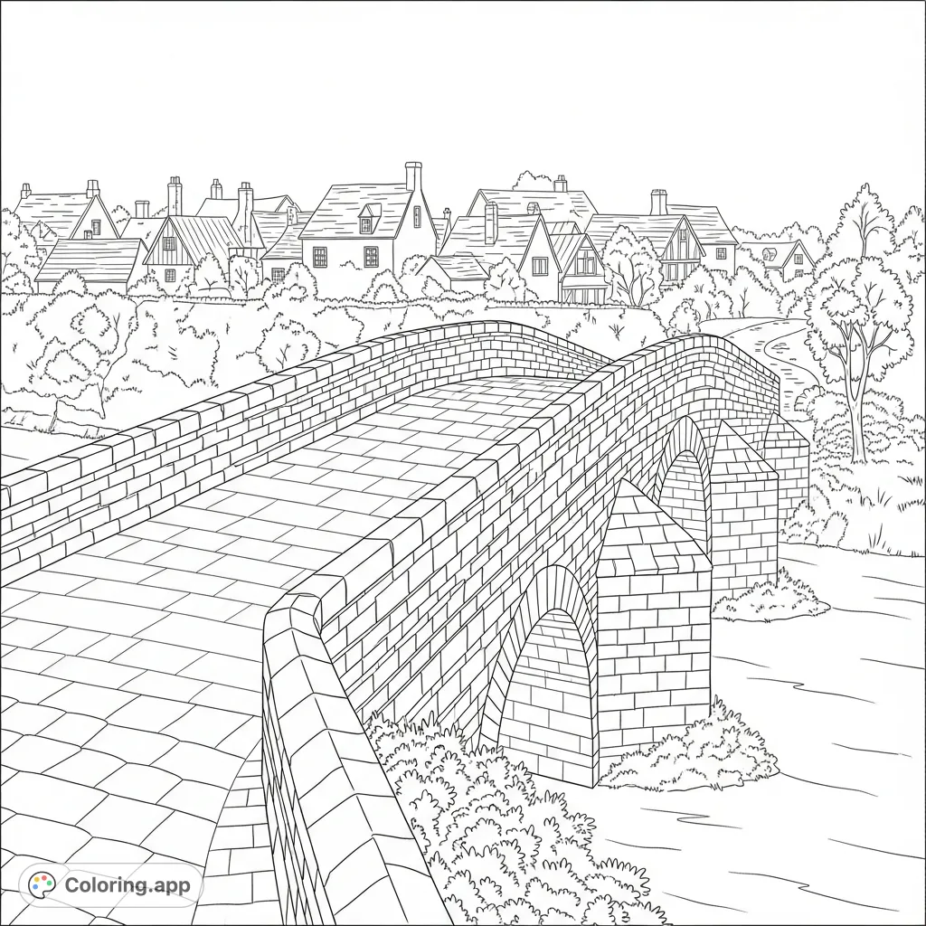 A detailed coloring page featuring a robust medieval stone bridge with multiple arches leading to a charming village with visible rooftops in the background.