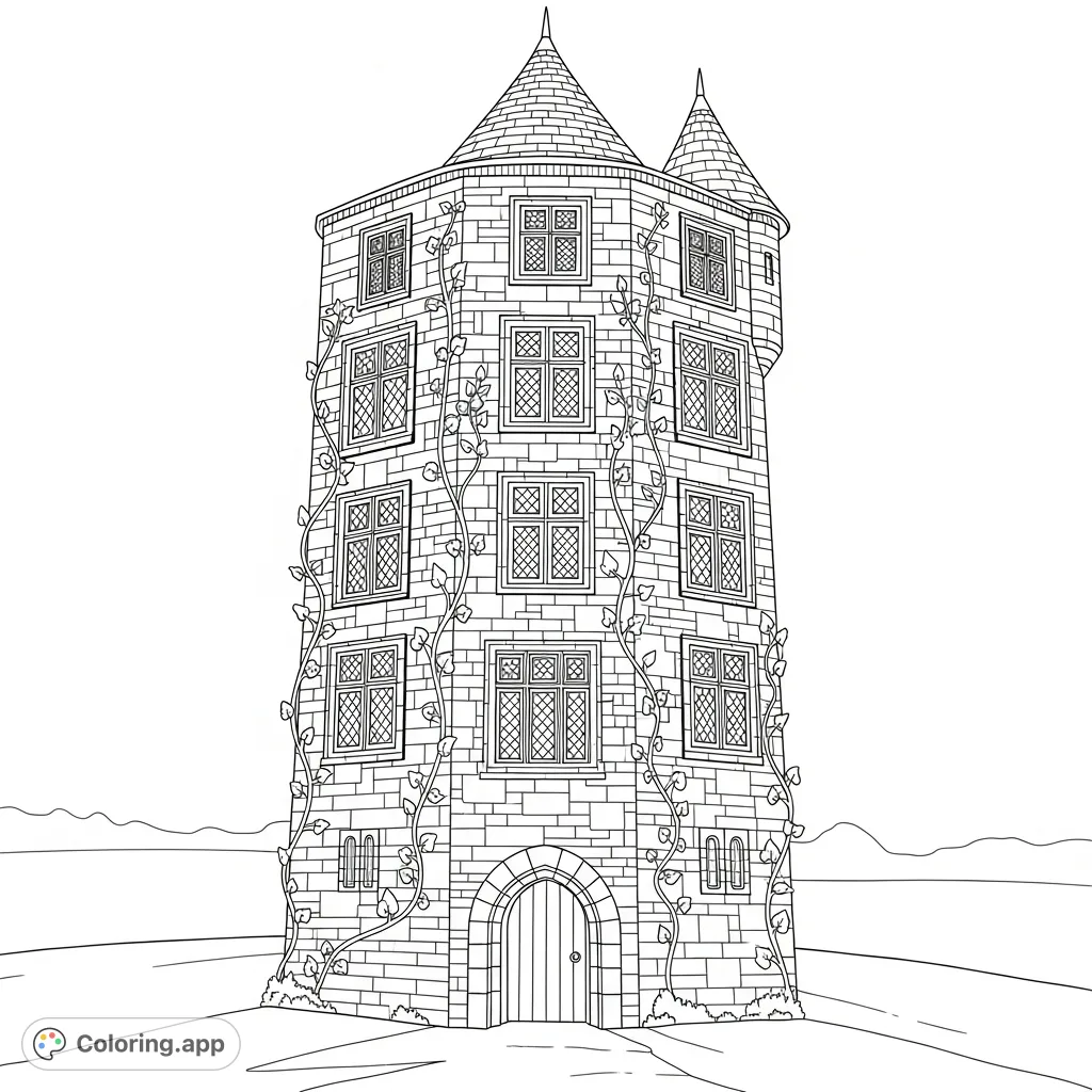 Color a majestic medieval tower house, featuring decorative windows, intricate stone details, and winding simplified vines, set against an open horizon.