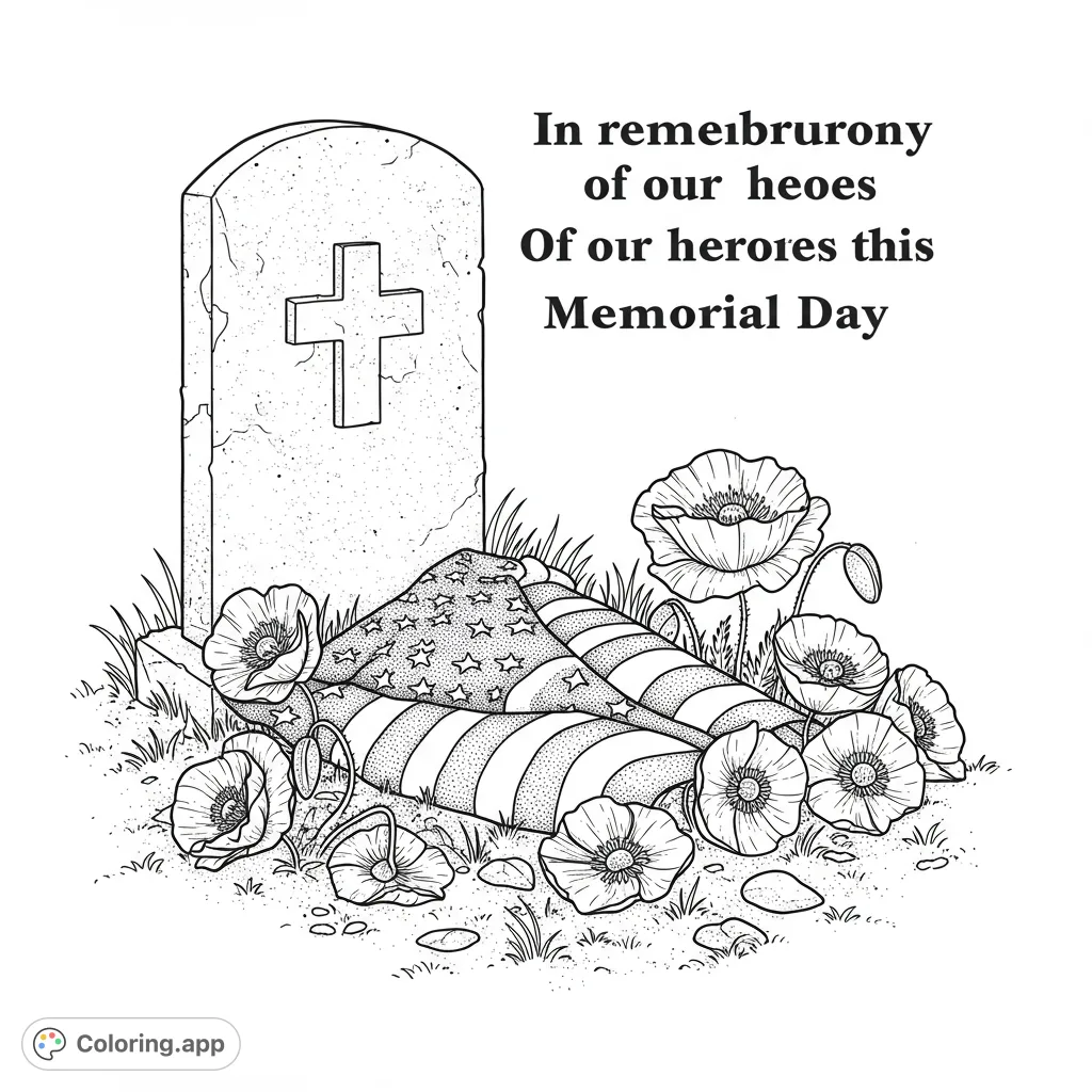 A solemn Memorial Day scene featuring a tombstone with a cross, a draped American flag, and vibrant poppies, perfect for patriotic remembrance.