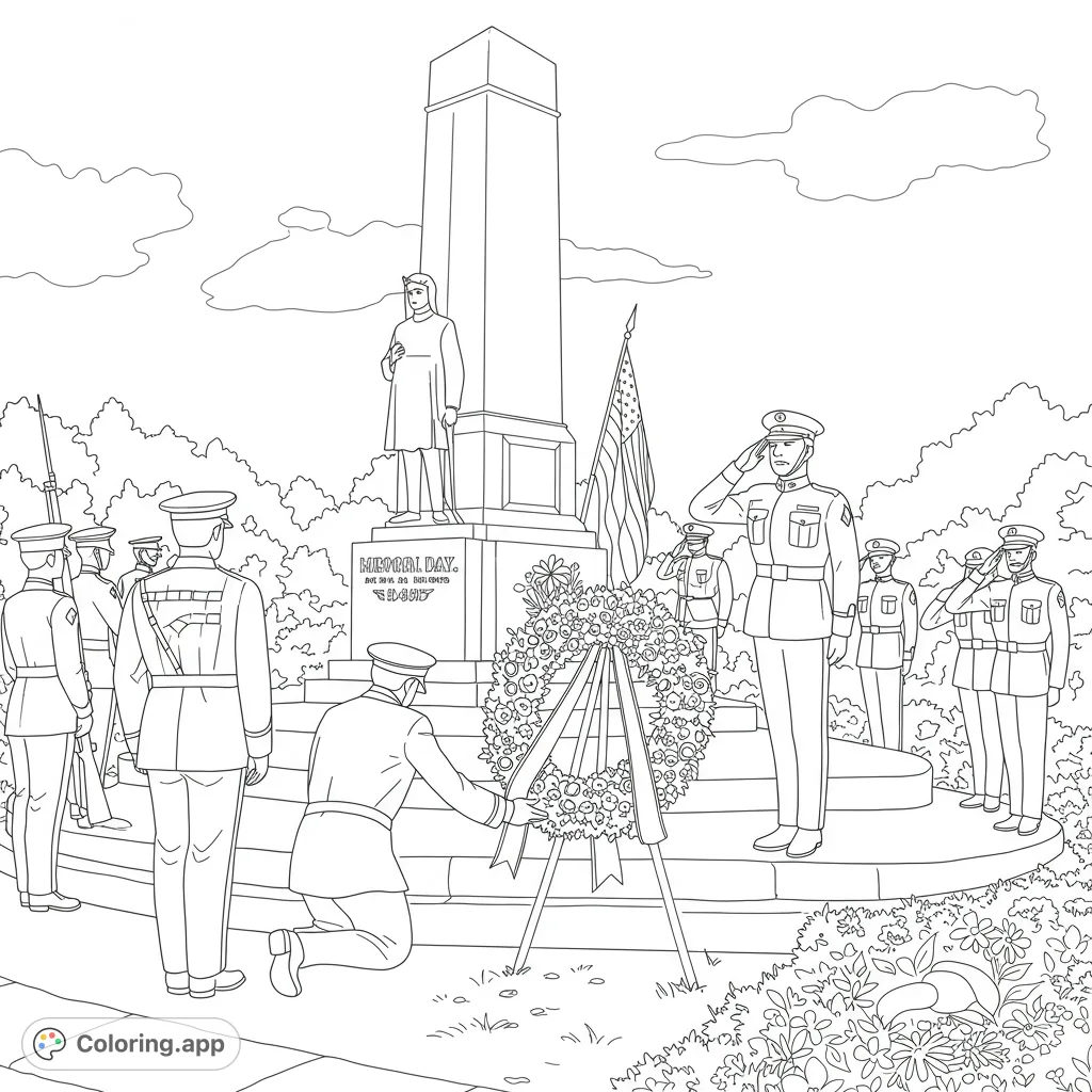 Honor and remembrance: A solemn Memorial Day scene with soldiers, a monument, and a wreath. A free printable patriotic coloring page for all ages.
