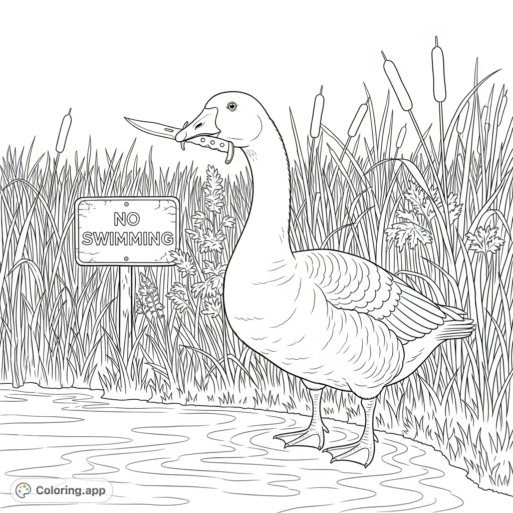 A menacing goose, switchblade in beak, surveys a pond's edge, flanked by reeds and a weathered "No Swimming" sign. A darkly humorous and detailed coloring page.