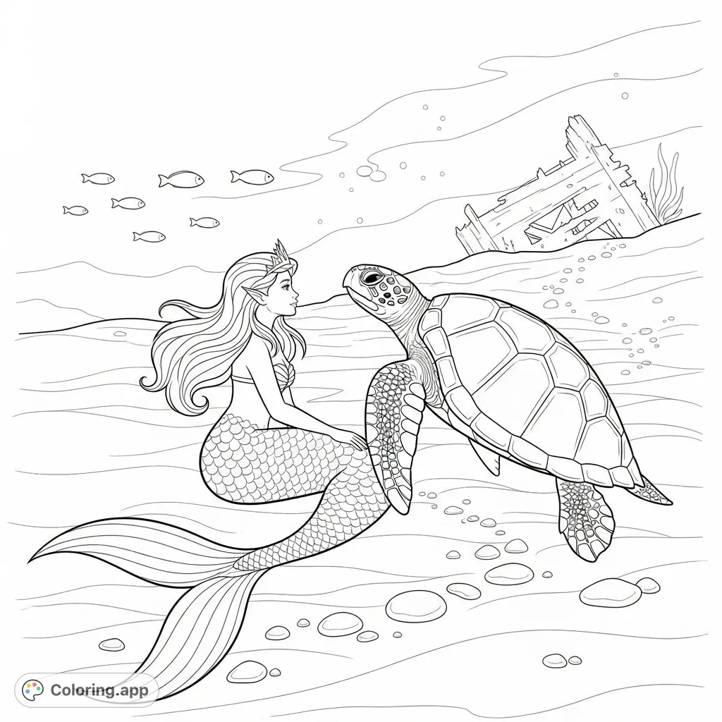 Dive into a tranquil underwater scene featuring a regal mermaid, a majestic sea turtle, and a mysterious shipwreck. Perfect for an immersive coloring experience!