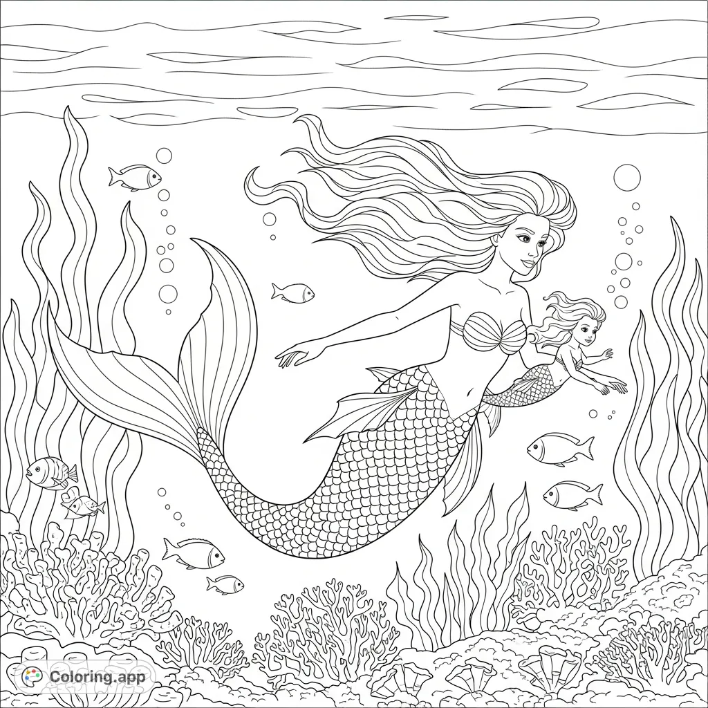 A beautiful mermaid gracefully swims with her baby through an enchanting underwater world, surrounded by swaying seaweed, intricate coral, and tiny fish.