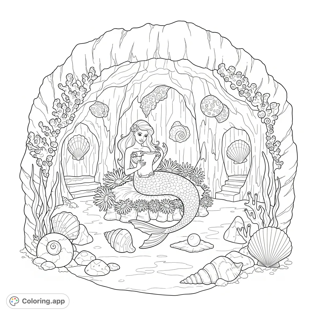 Dive into an enchanting mermaid grotto, where a graceful mermaid reads an ancient scroll amidst unique shells, stones, and luminous coral. A magical scene.