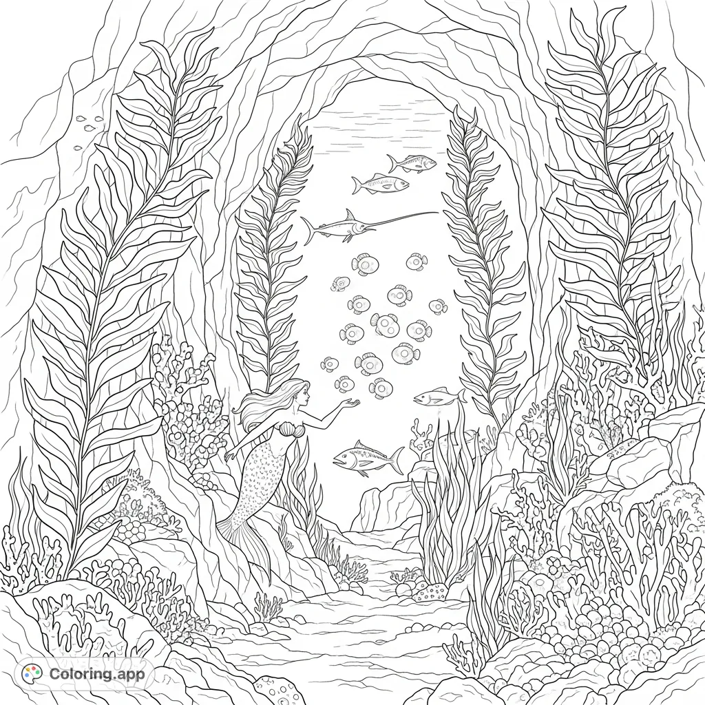 Explore an enchanting underwater cave where a graceful mermaid interacts with luminous lanternfish, surrounded by swirling kelp and deep-sea mystery.