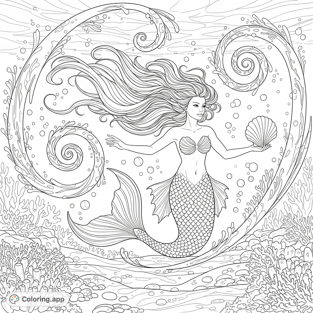 A graceful mermaid swims amidst intricate, swirling magical currents, featuring delicate scales, flowing hair, and a detailed ocean floor backdrop.