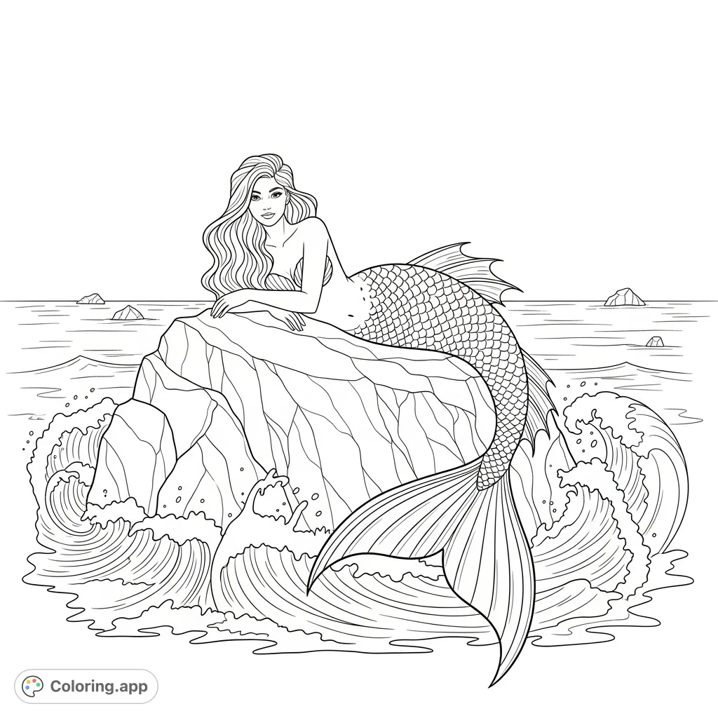 A graceful mermaid sits atop a craggy rock, her scaled tail elegant amidst gentle ocean waves and frothy foam. A serene marine scene for coloring.