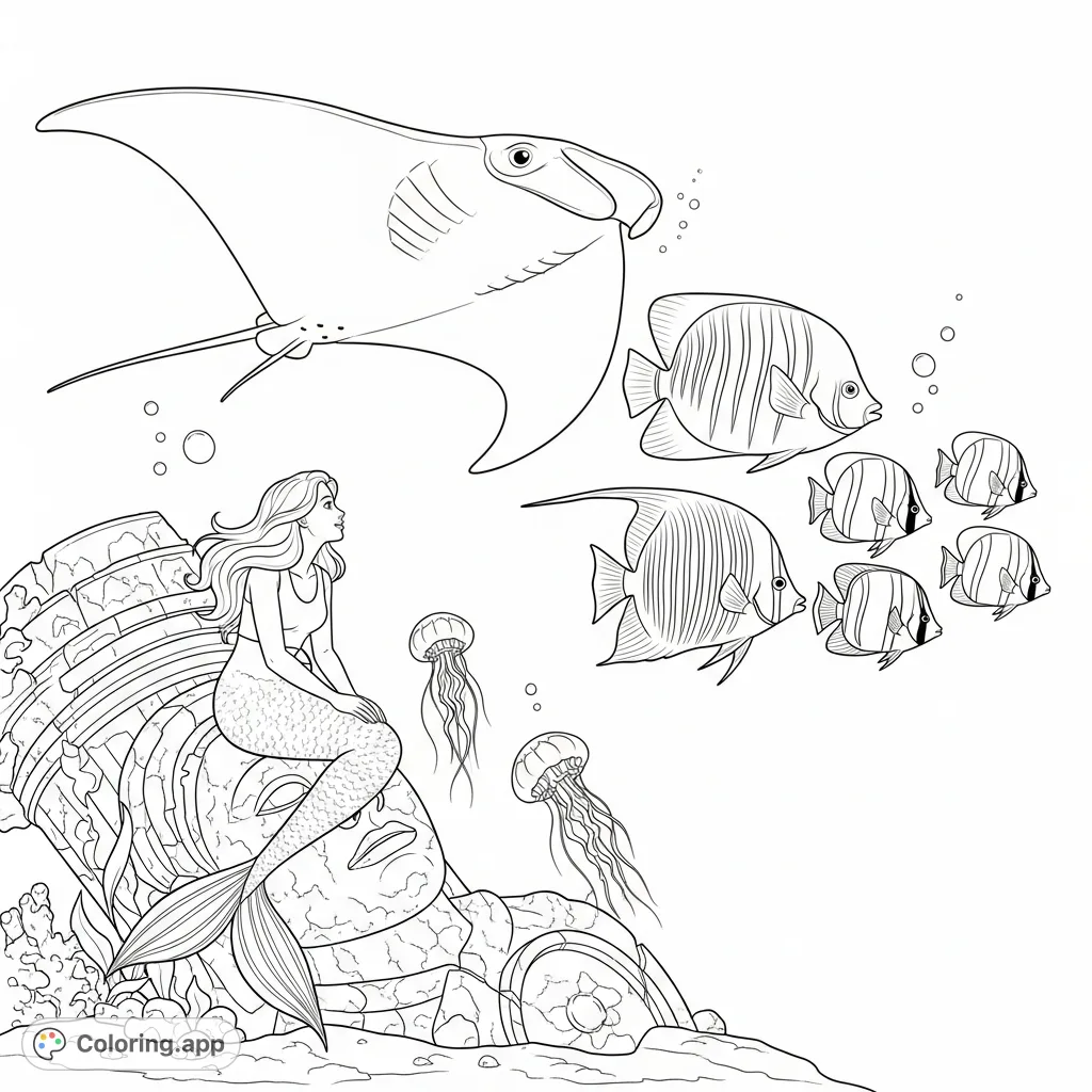 A serene mermaid sits on a sunken statue, observing a vibrant underwater procession of a manta ray, angelfish, butterflyfish, and drifting jellyfish. A captivating ocean scene.