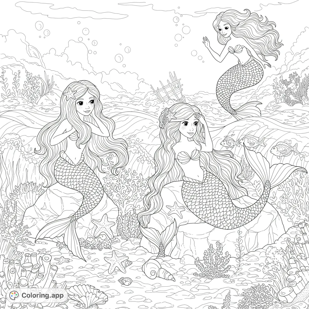 Dive into an enchanting mermaid coloring page featuring three beautiful mermaids amidst a vibrant coral reef, perfect for an underwater adventure.