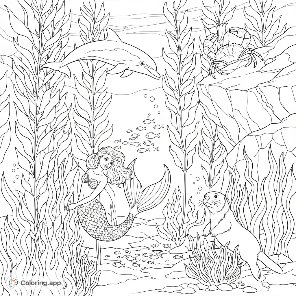 Dive into a lively underwater game with a mermaid, dolphin, crab, and sea otter. A high-energy scene perfect for imaginative coloring adventures.