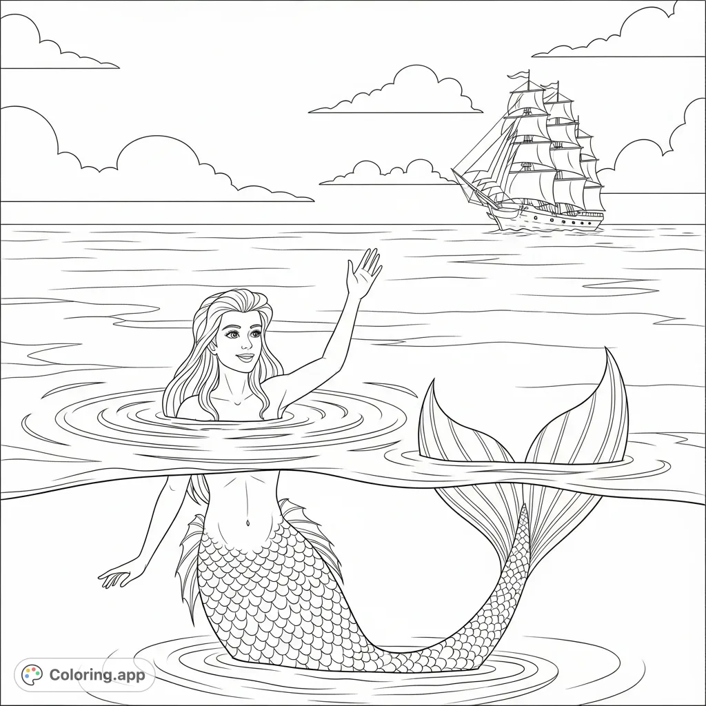 An enchanting scene featuring a graceful mermaid waving to a majestic sailing ship on the horizon, surrounded by calm ocean waters and a vast sky.