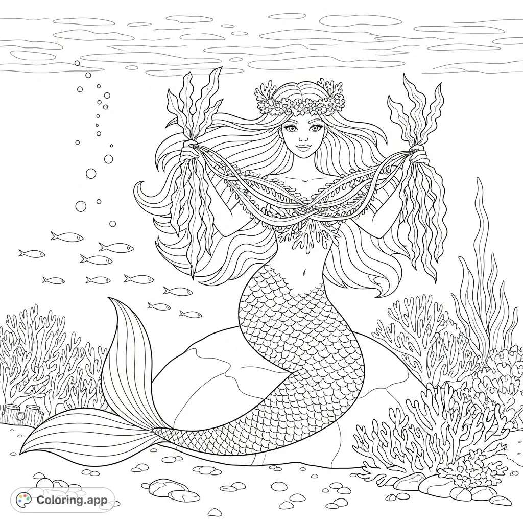 A graceful mermaid sits amidst a vibrant coral reef, skillfully weaving delicate strands of flowing seaweed into an exquisite crown for her hair, surrounded by marine life.
