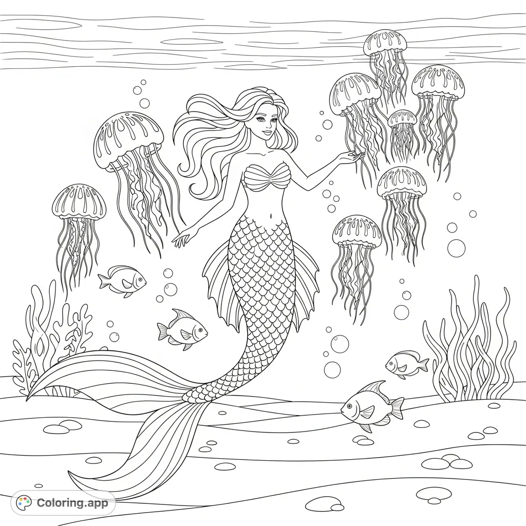 A graceful mermaid, with flowing hair and a scaled tail, floats amidst an enchanting underwater world, surrounded by numerous detailed jellyfish and small fish.