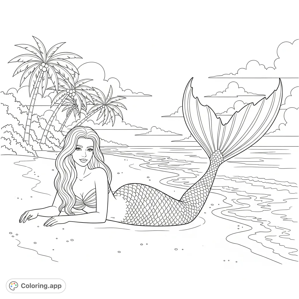 A graceful mermaid relaxes on a sun-kissed sandy beach, her detailed tail glistening as gentle waves softly lap near her, under a sky with distant clouds.