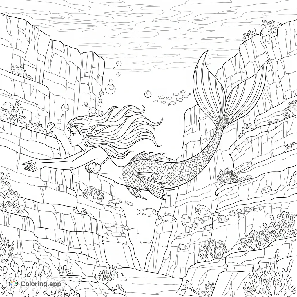 A graceful mermaid explores dramatic underwater cliffs, her flowing hair and tail contrasting with rugged rock formations and marine life.