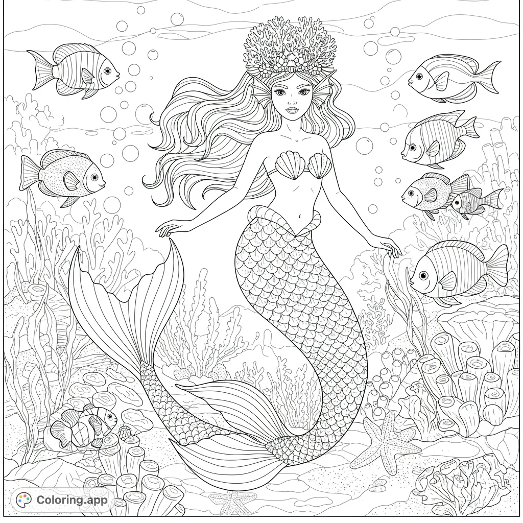 Dive into an enchanting mermaid coloring page! A beautiful mermaid with a coral crown swims among vibrant fish and intricate coral reefs.
