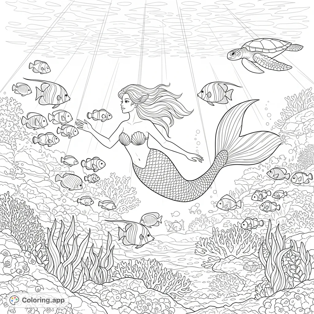 Experience an enchanting underwater world with a graceful mermaid gliding through an intricate coral reef, surrounded by playful tropical fish and a serene sea turtle.