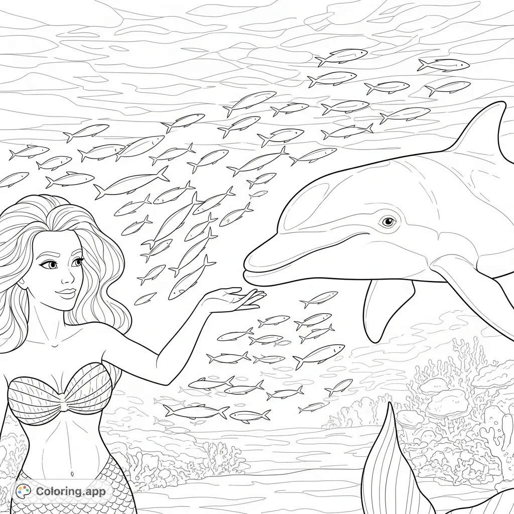 A captivating mermaid gracefully touches a friendly dolphin amidst a dynamic swirl of fish in clear ocean water, with distant coral formations visible.