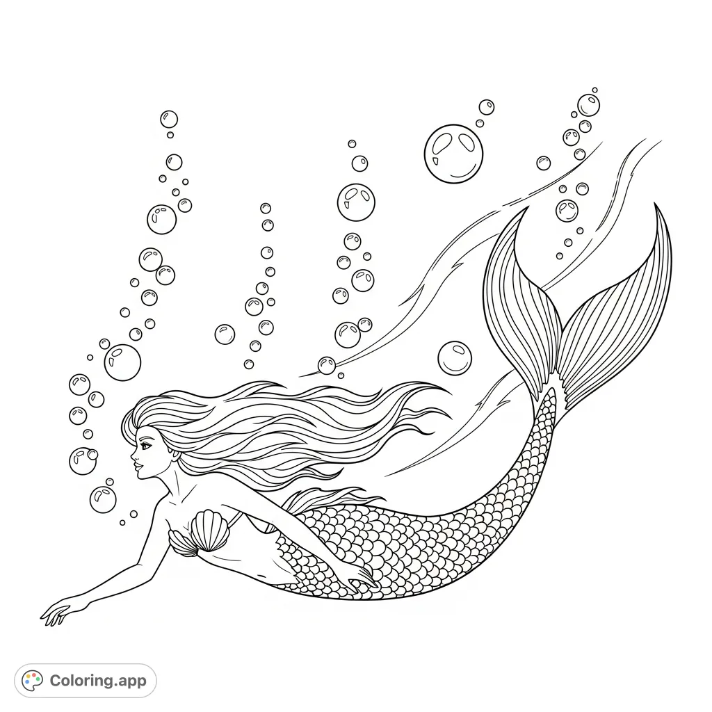 A graceful mermaid, with long flowing hair and an ornate tail, swims amidst a whimsical array of swirling bubbles in a serene underwater world.
