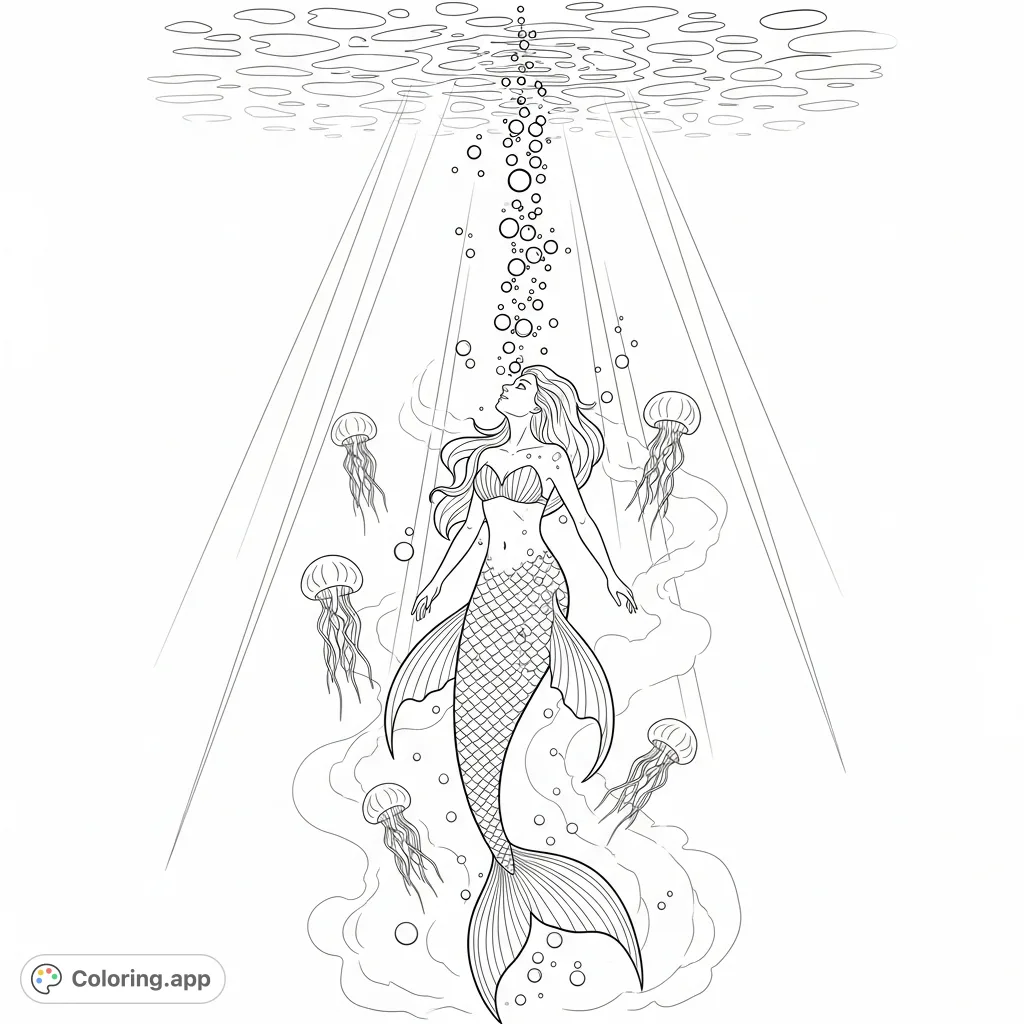Discover a magnificent mermaid ascending through shimmering bubbles and graceful jellyfish, illuminated by deep-sea light. A magical underwater scene awaits your touch!