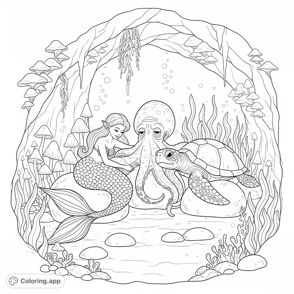 Discover a hidden underwater grotto where a mermaid, wise octopus, and storytelling sea turtle gather. A magical, detailed scene for a free printable coloring page.