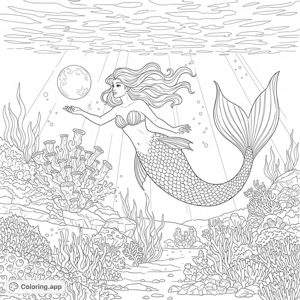 A majestic mermaid gracefully encounters a glowing, mysterious orb amidst an intricate underwater world filled with vibrant coral and flowing marine plants.