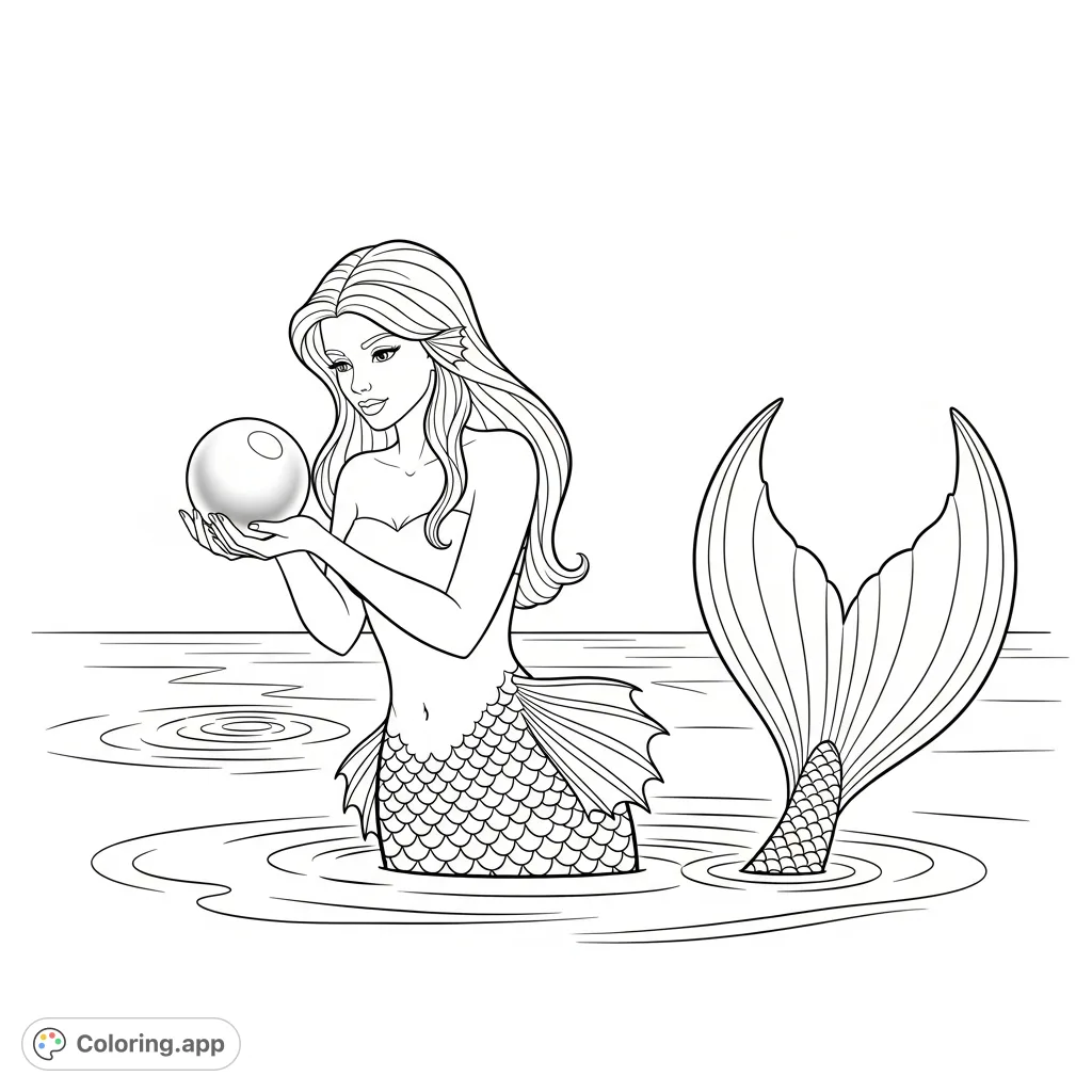 A majestic mermaid gently emerges from the water, holding a luminous pearl aloft. Intricate scales, flowing hair, and rippling water invite creative coloring.