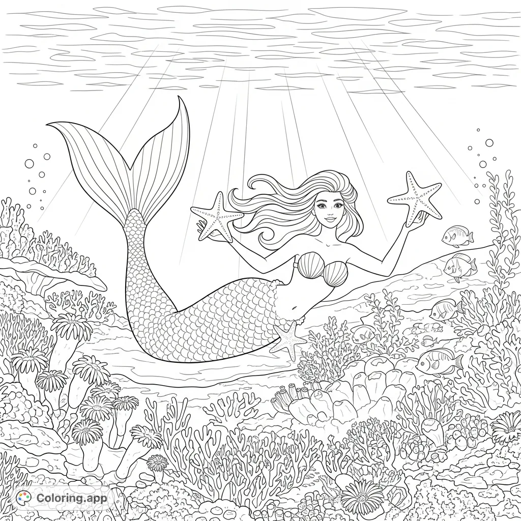 A beautiful mermaid interacts playfully with starfish on a detailed coral reef, surrounded by ocean life and gentle light. Perfect for fantasy lovers.