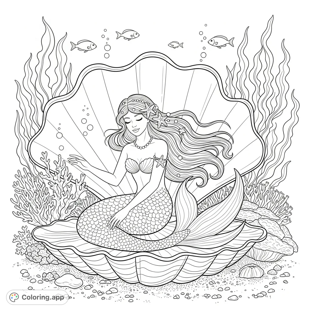 A beautiful mermaid rests peacefully inside a giant, intricately detailed seashell on the ocean floor, surrounded by vibrant coral and gentle marine life.