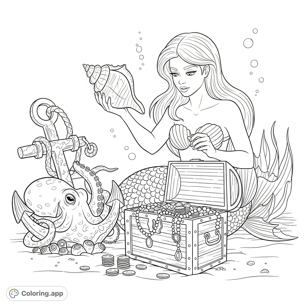 A daring mermaid discovers an ancient, open treasure chest on the sandy seabed, filled with coins, pearls, and jewels, while a curious octopus peeks nearby.