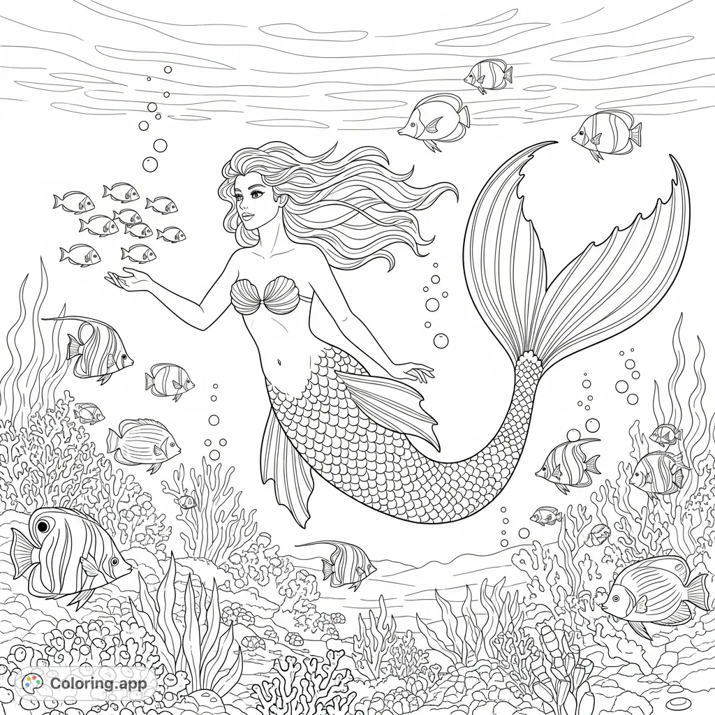 A beautiful mermaid gracefully swims through a vibrant coral reef, surrounded by an array of exotic tropical fish and swaying sea plants in an enchanting underwater scene.