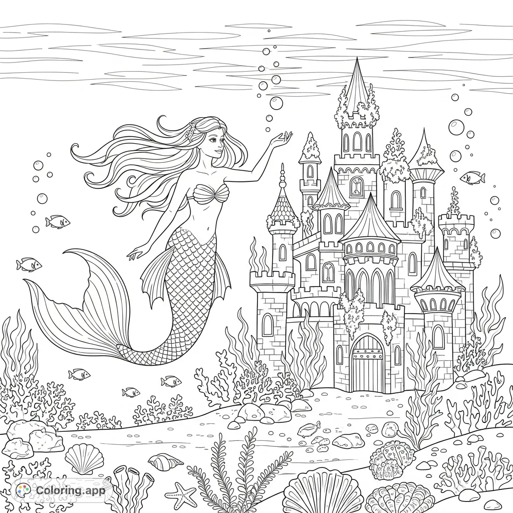 A graceful mermaid explores a magnificent, detailed underwater castle, surrounded by marine life and lush coral, offering an enchanting scene for colorists.