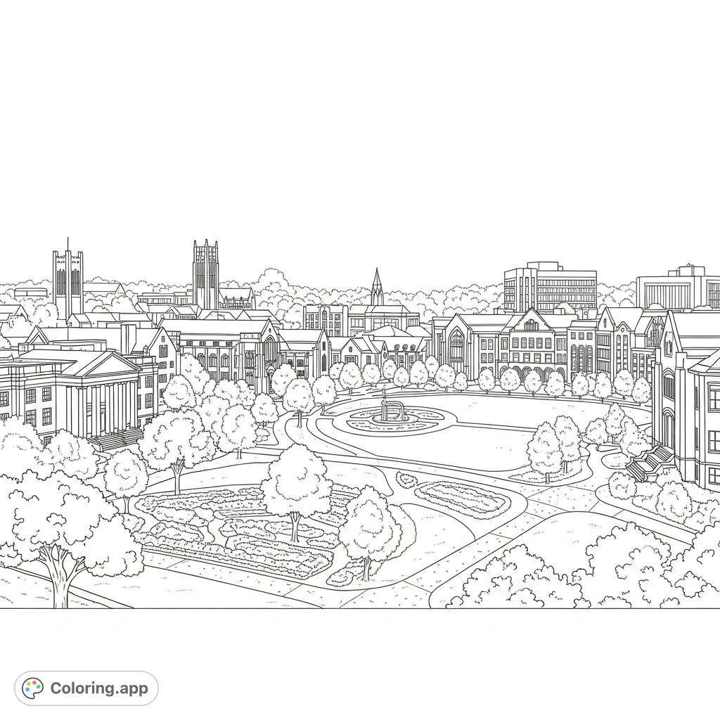 Explore a detailed panoramic view of the University of Michigan's Central Campus, featuring iconic architecture, lush green spaces, and winding paths for a unique coloring experience.
