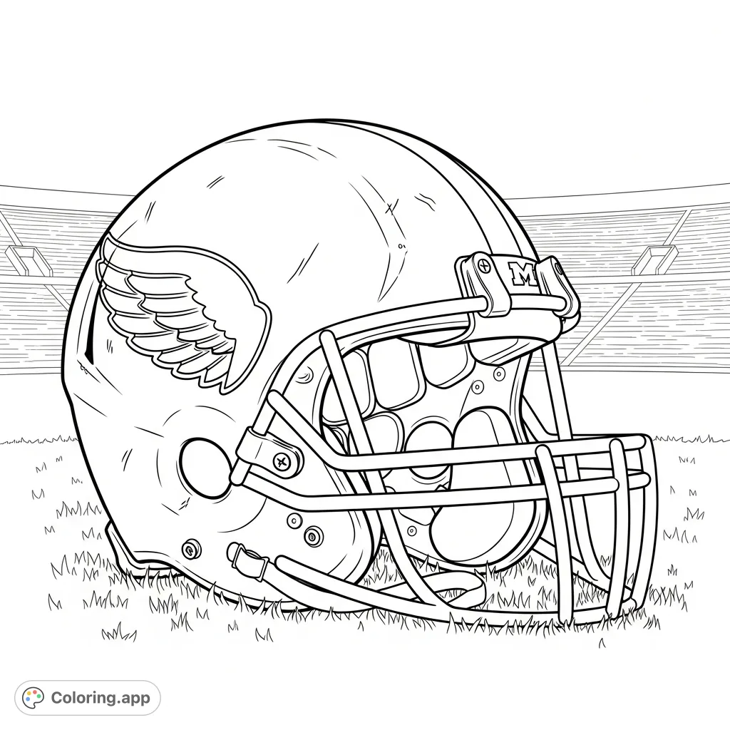 Show your team spirit! This University of Michigan football helmet coloring page features the iconic winged design resting on turf, with stadium seating in the background.