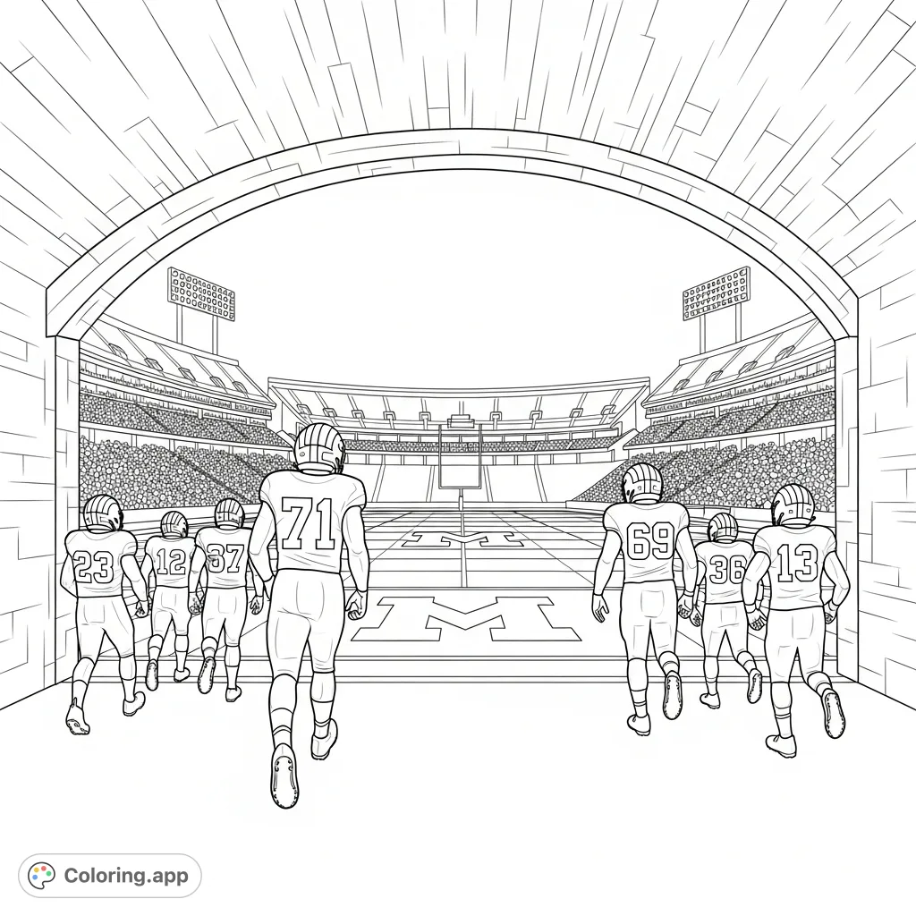 Dynamic scene of University of Michigan football players emerging from a stadium tunnel onto a lit field, with cheering crowds in the background.