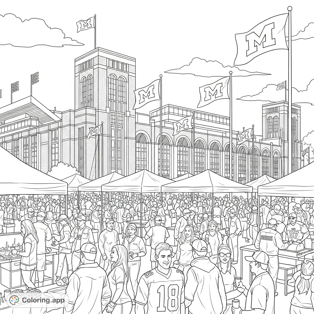 Experience the vibrant energy of a University of Michigan football tailgating scene. Features fans, tents, grills, and the iconic stadium.